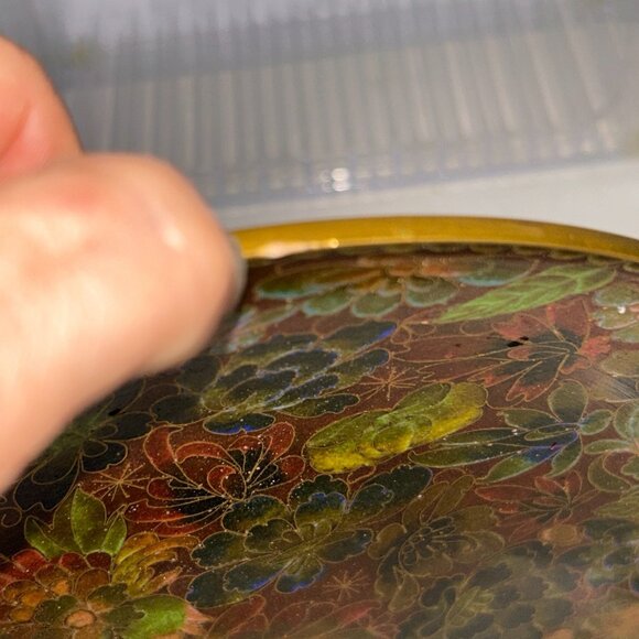 10" Chinese Cloisonne Enamel Brass Plate Holiday Colors Autumn Gold Green Footed - Picture 6 of 10
